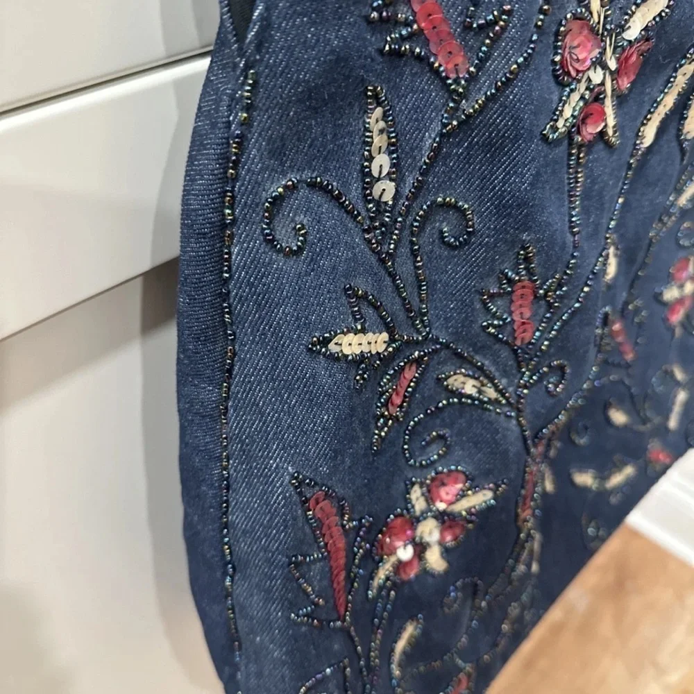 Floral Embellished Denim Hobo Bag 21” from top of handle to bottom